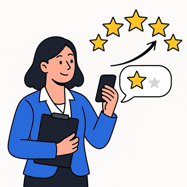 A businesswoman reviews star ratings on her phone, contemplating strategies for turning negative feedback into growth.