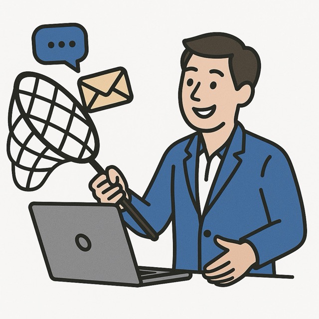 A smiling man in a suit holds a net while sitting at a desk with a laptop, with speech and email icons nearby.