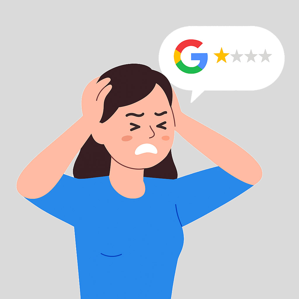 Frustrated woman holding her head, reacting to a low Google review rating displayed in a speech bubble.