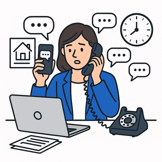 A worried professional multitasks with a laptop, a phone call, and messages while checking the time.