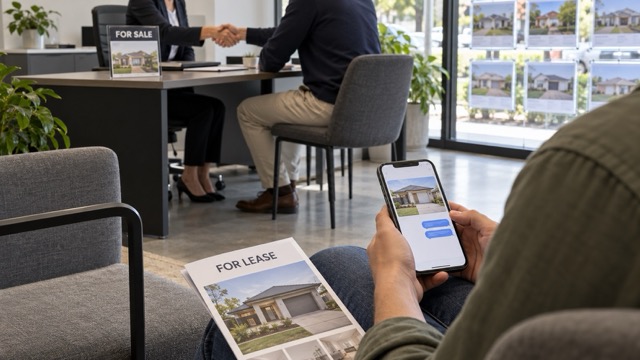 Renter waiting with an unanswered phone enquiry and a leasing brochure while a sales agent greets a buyer in the background.