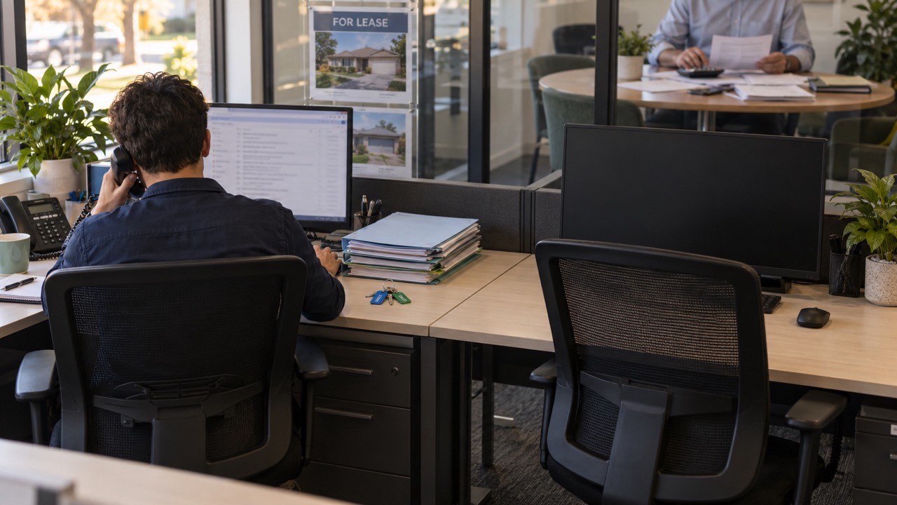 A person on a phone call sits at a desk with a computer, folders, and keys, while another individual works in the background.
